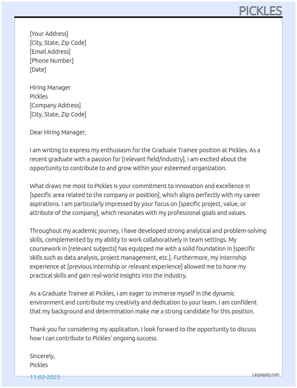 graduate trainee At pickles Cover Letter