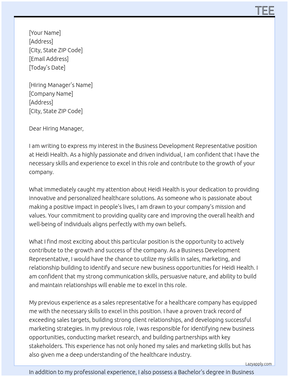 Business Development Representative At Heidi Health Cover Letter