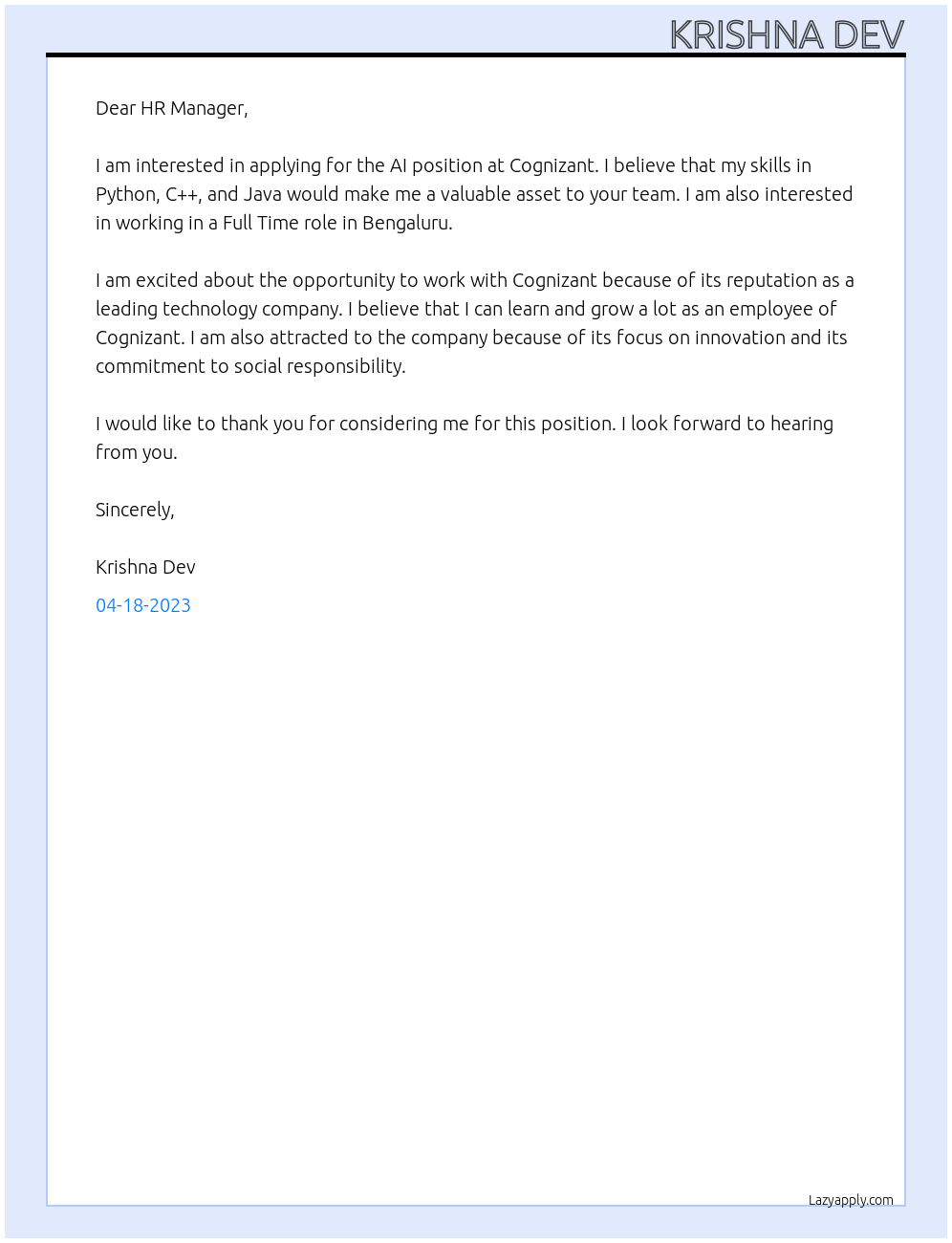 AI  At COGNIZANT  Cover Letter