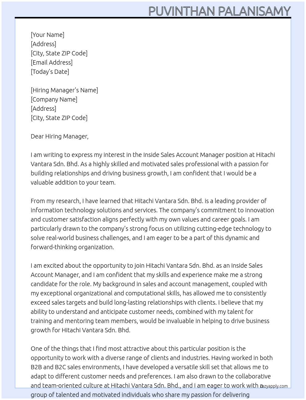 Inside Sales Account Manager At Hitachi Vantara Sdn. Bhd. Cover Letter