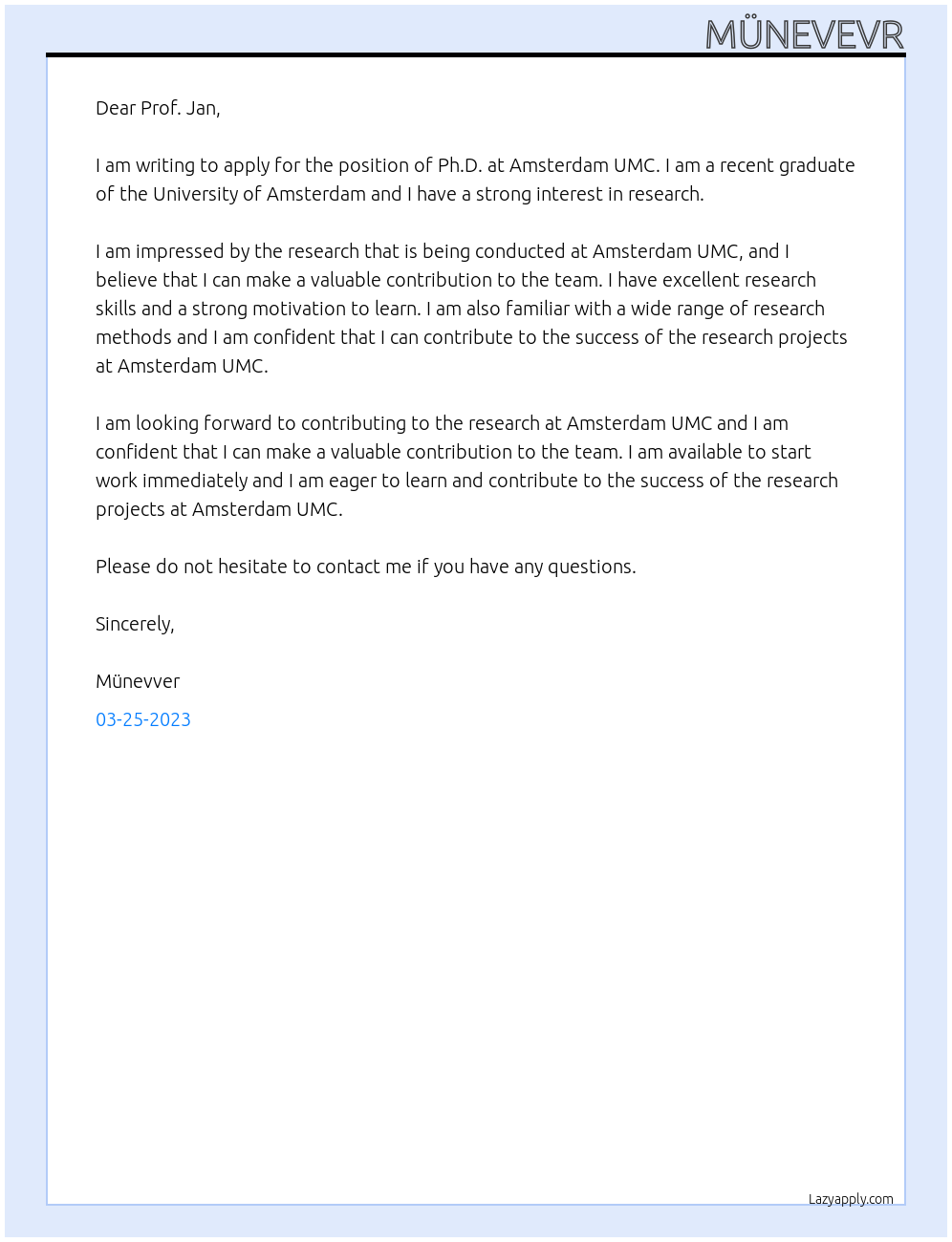 Phd At Amsterdam UMC Cover Letter