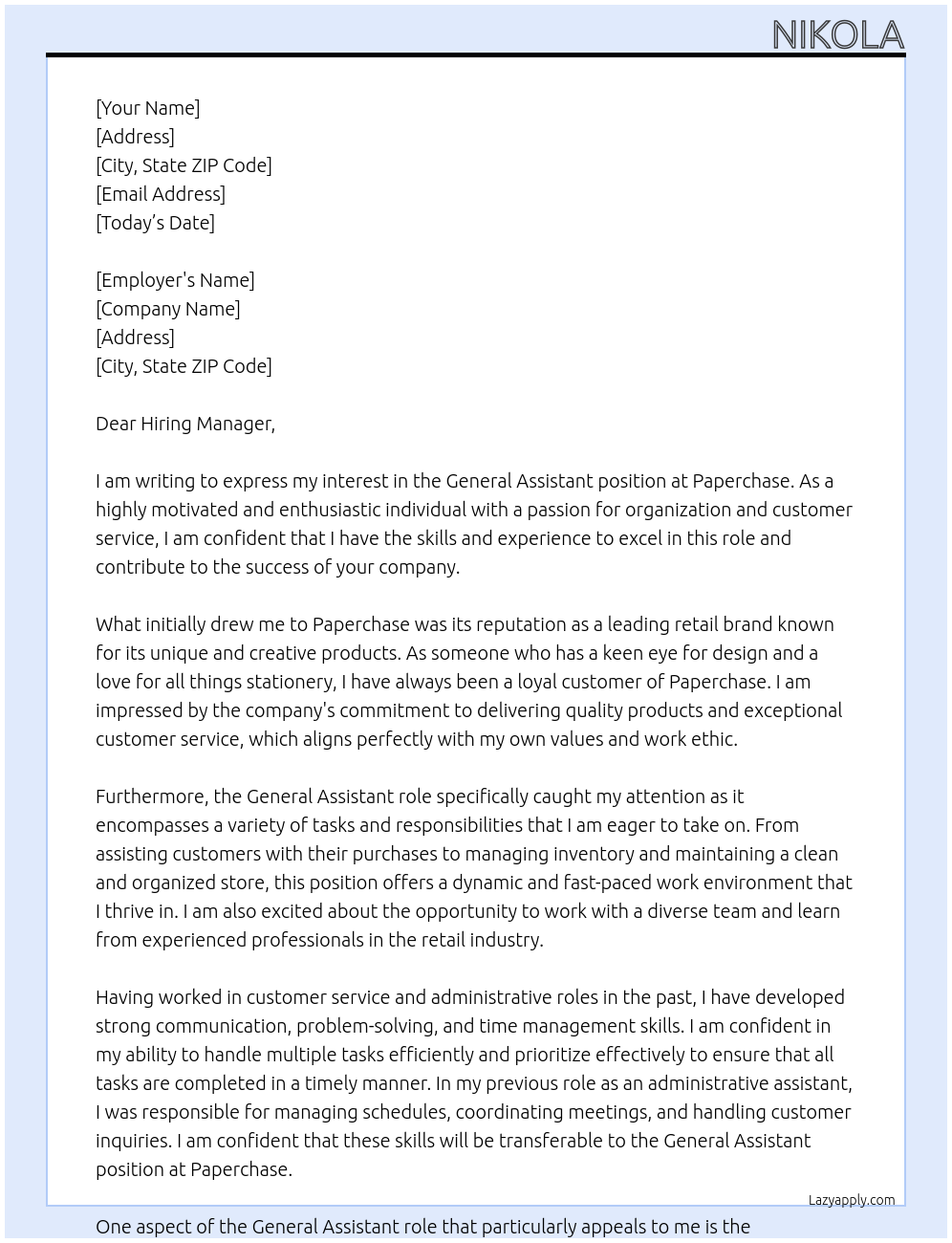 general assistant At paperchase Cover Letter