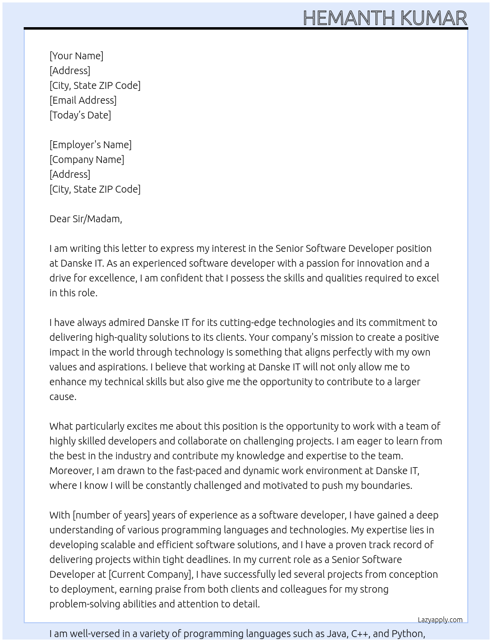 Senior Software Developer At Danske IT Cover Letter