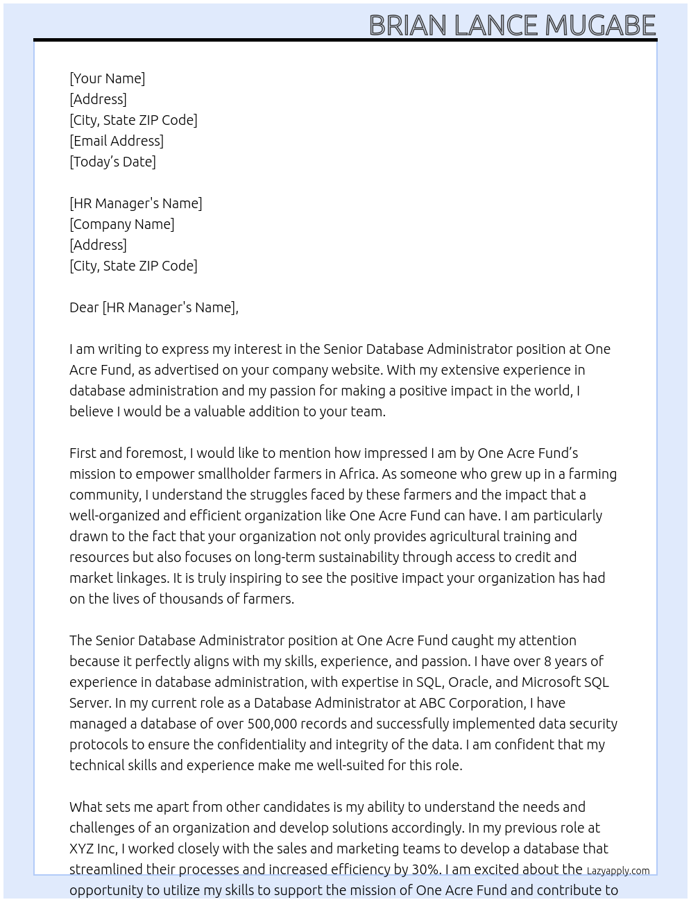 Senior Database Administrator At One Acre Fund Cover Letter