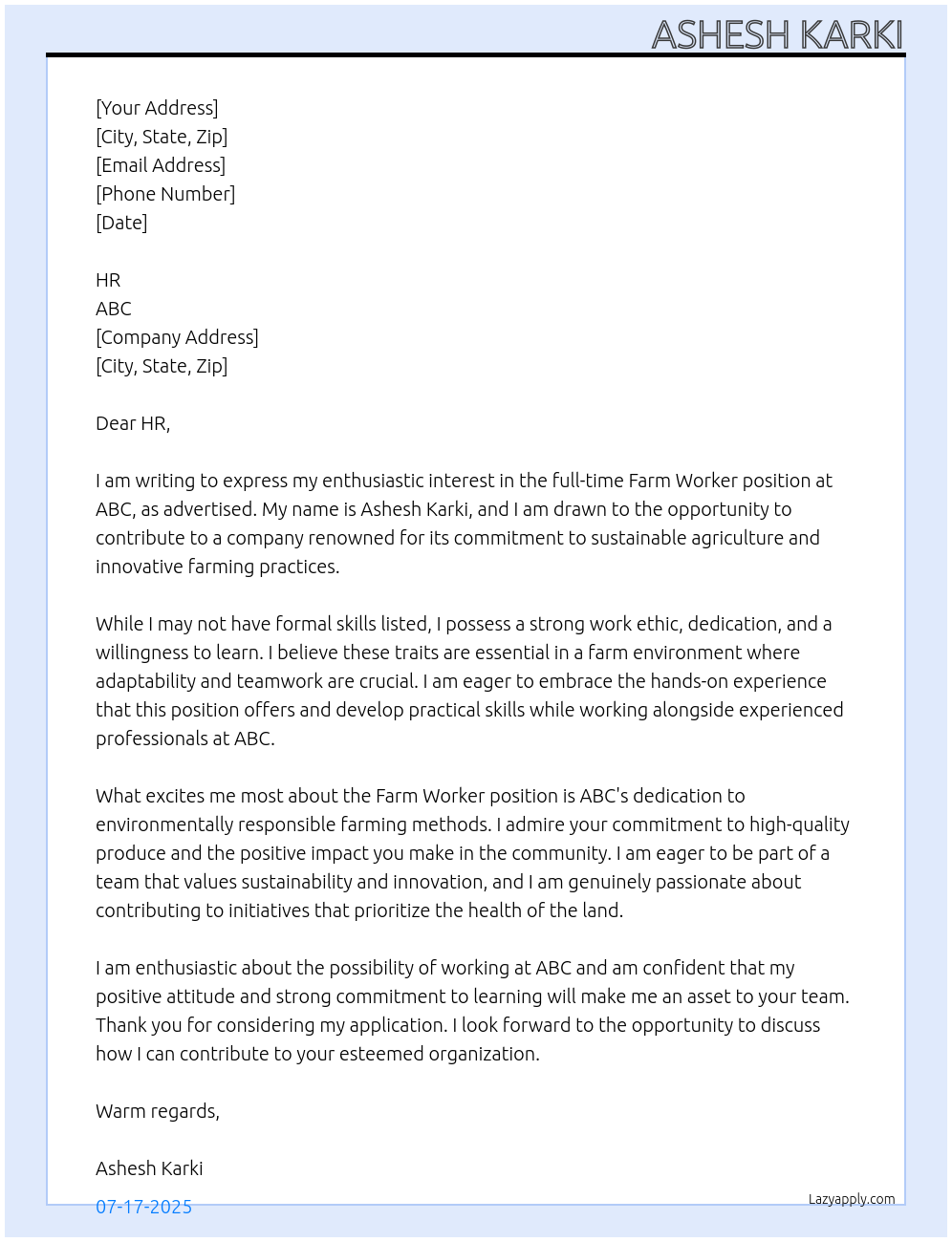 Farm worker At Abc Cover Letter