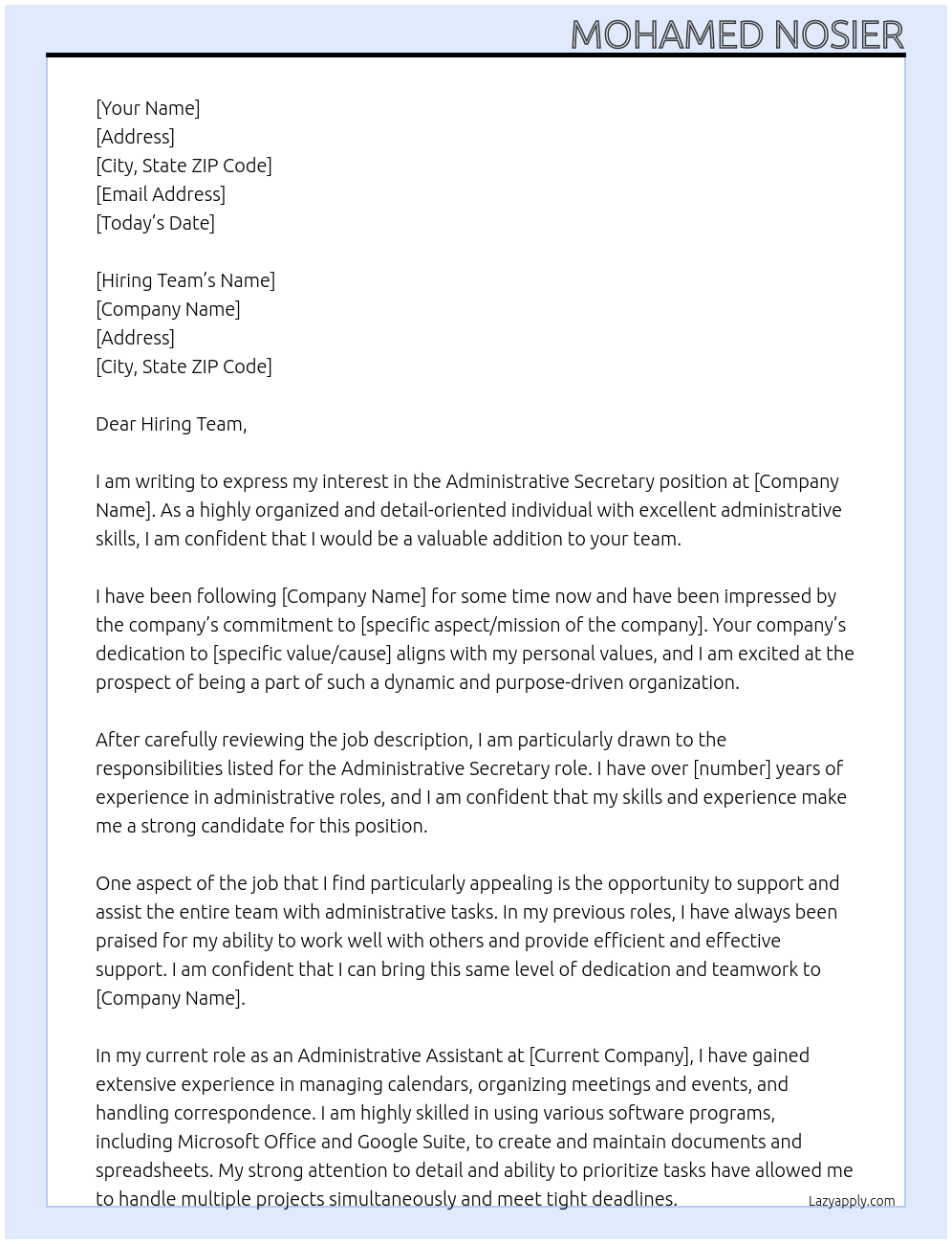 Administrative secretary At Company Cover Letter