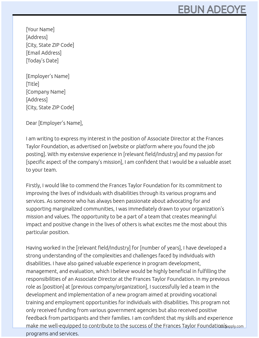 Associate Director At Frances Taylor Foundation Cover Letter