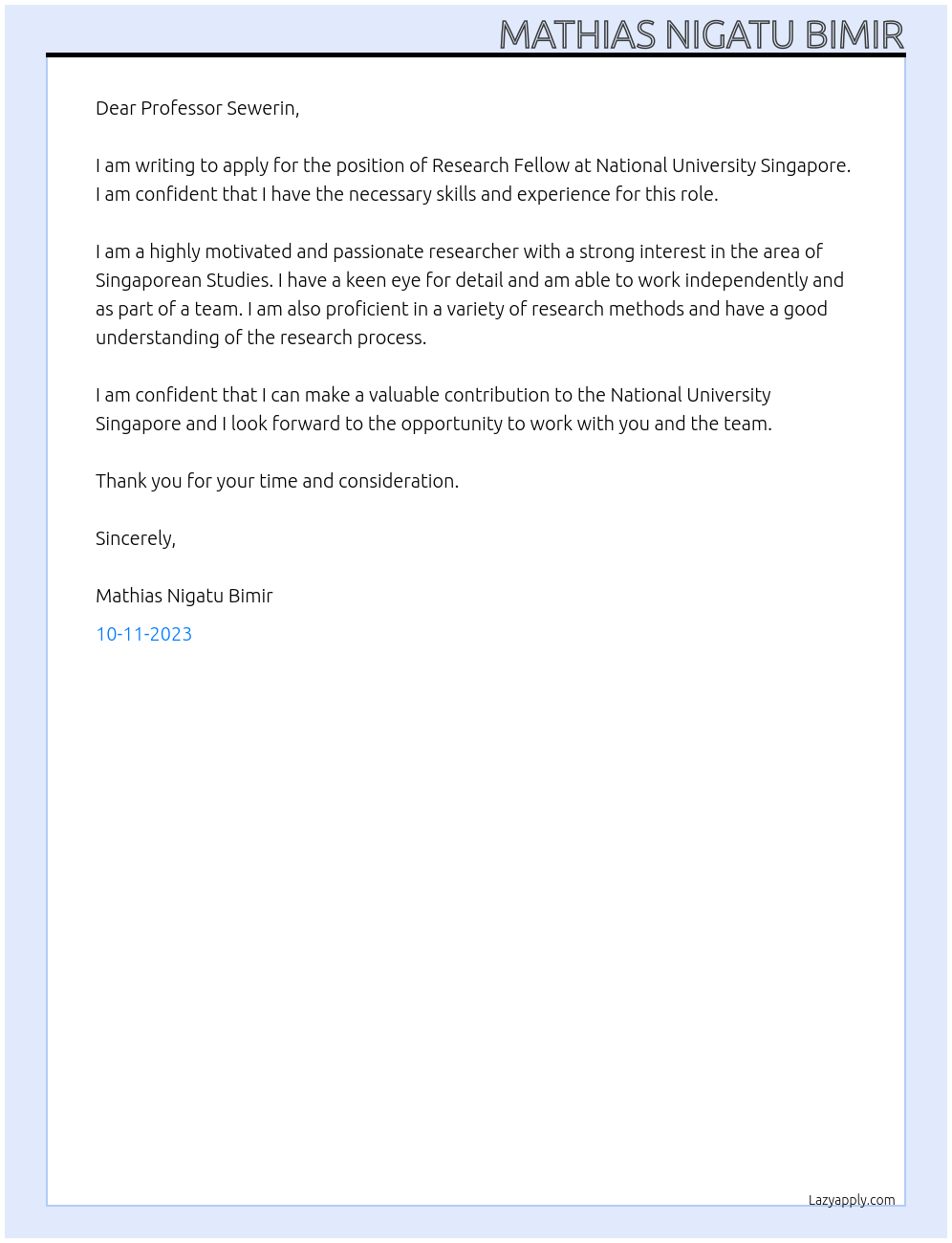 Research Fellow  At National University Singapore Cover Letter