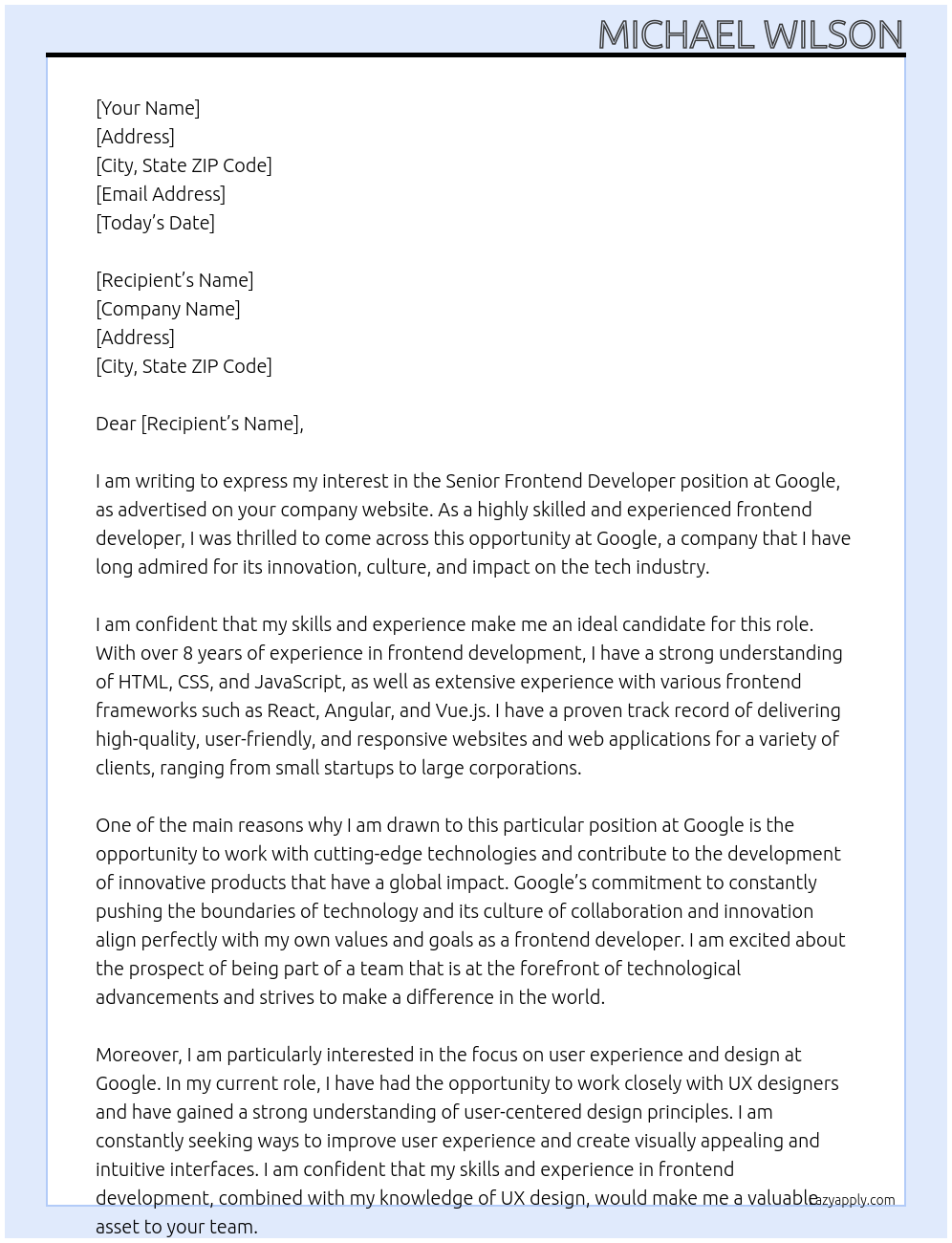 Senior Frontend Developer At Google Cover Letter