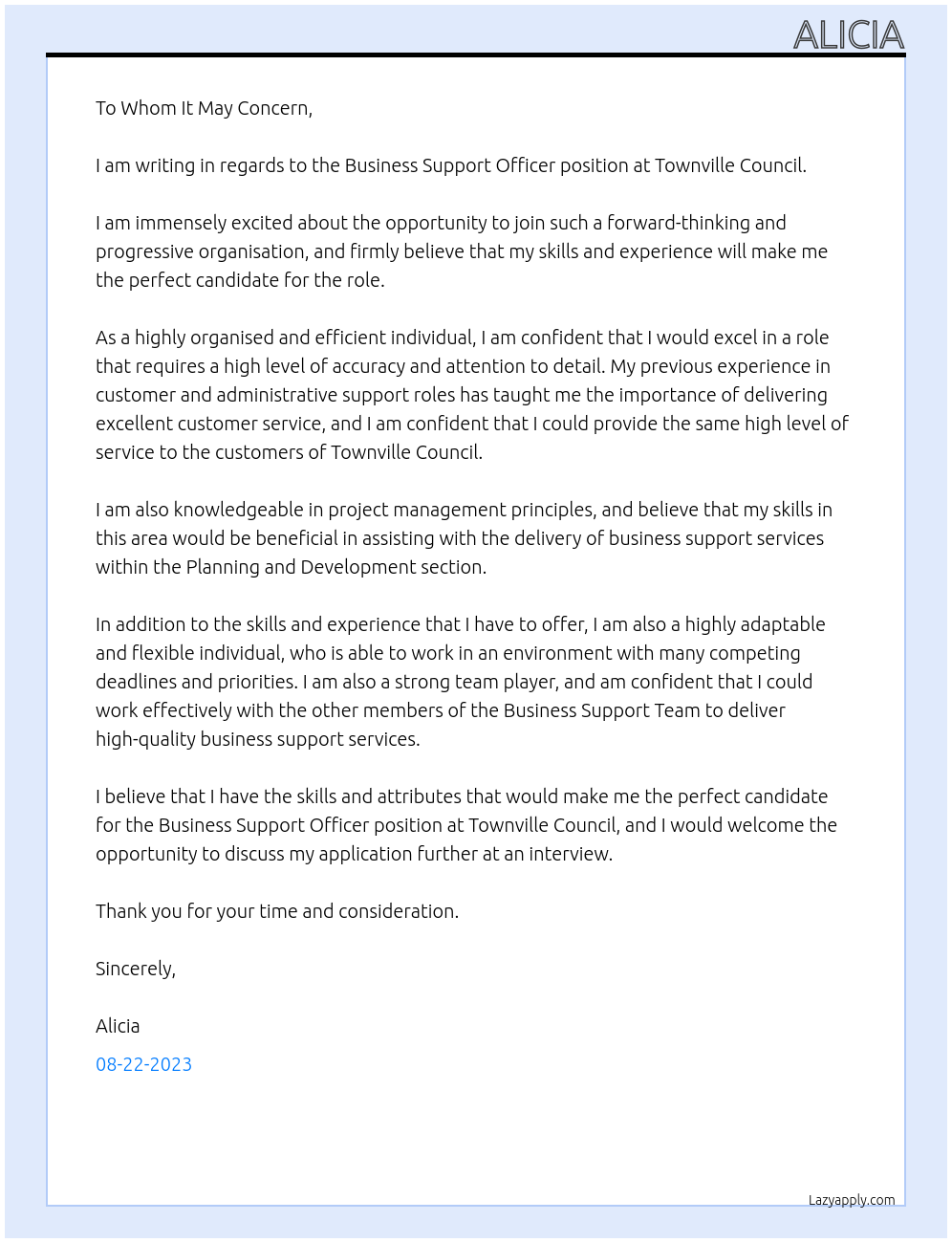 Business Support Officer At Townville Council Cover Letter