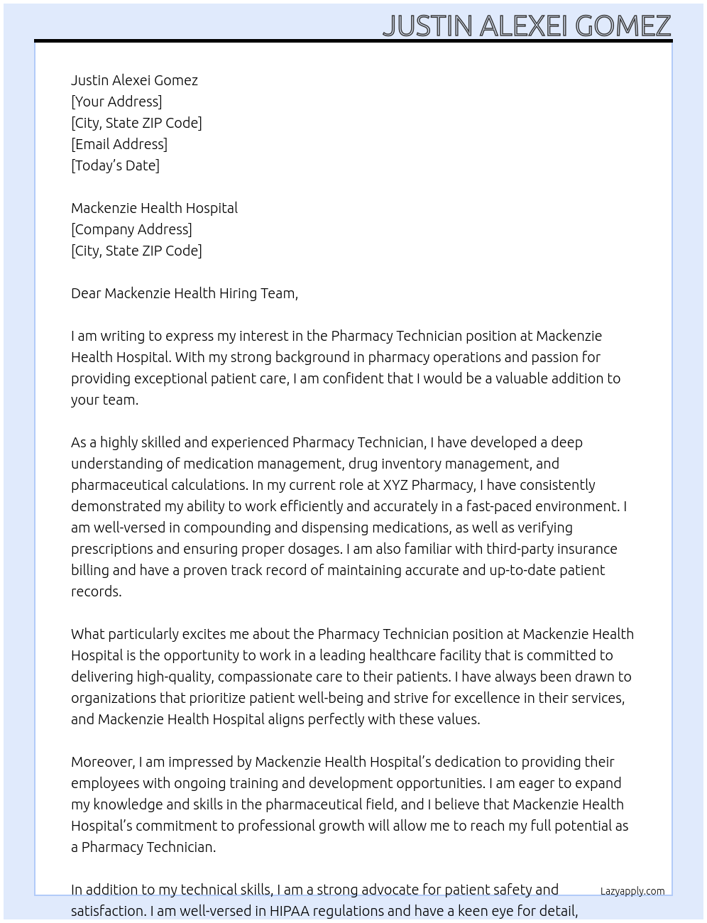 Pharmacy Technician At Mackenzie Health Hospital Cover Letter