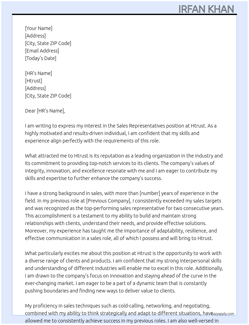 Sales Representatives  At Htrust Cover Letter