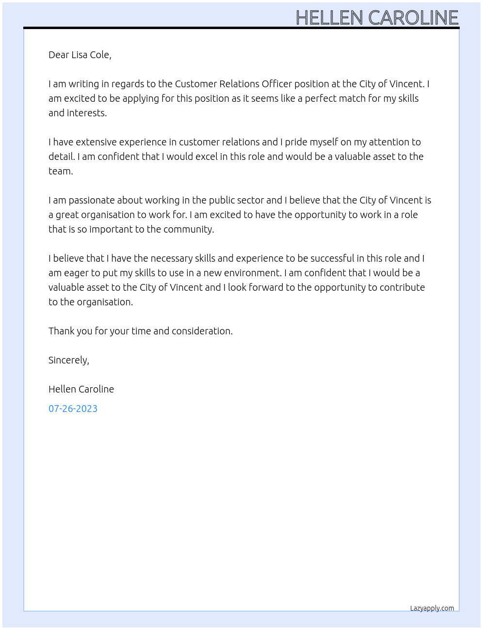 Customer Relations Officer At City of Vincent Cover Letter