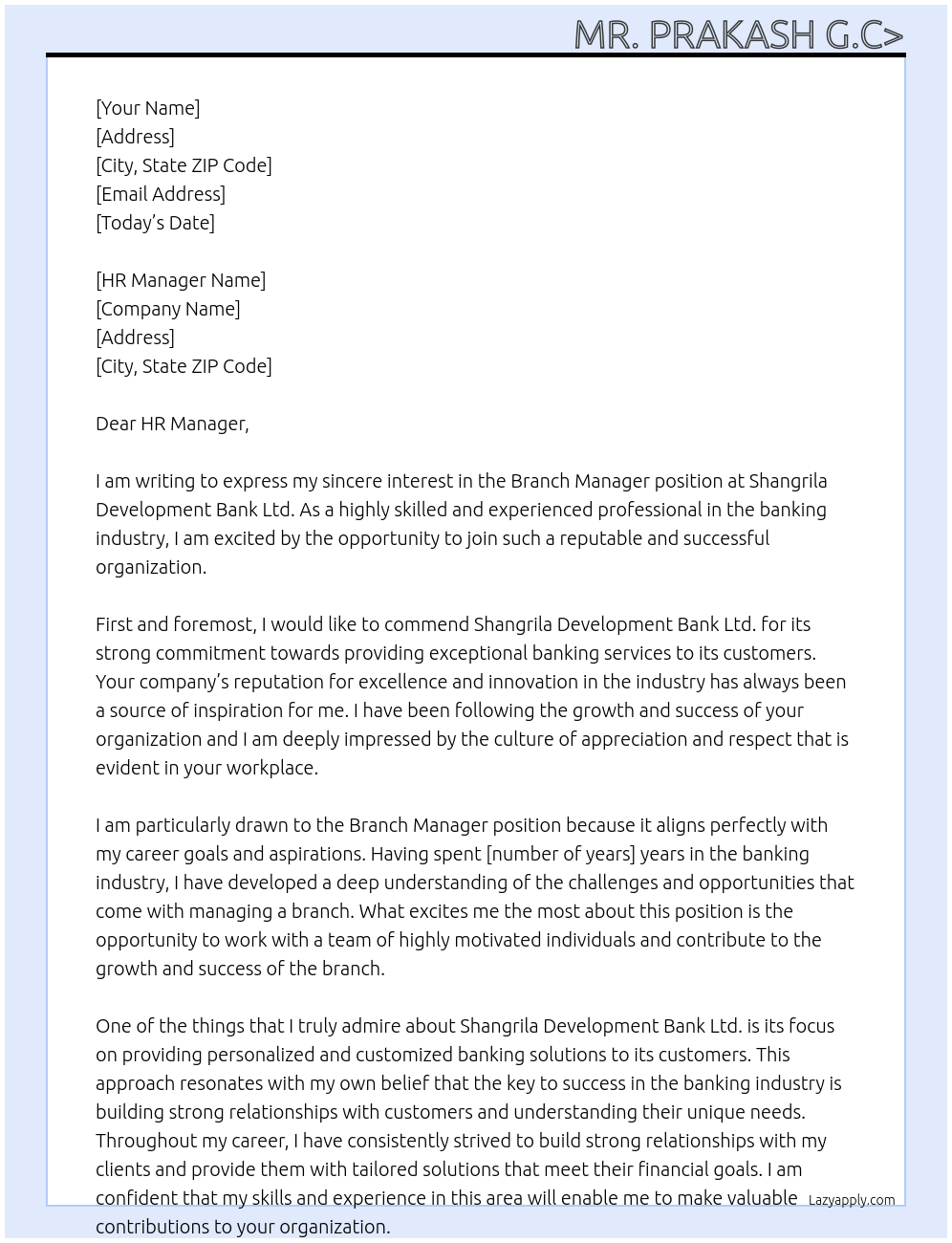 Branch Manager At Shangrila Development Bank Ltd. Cover Letter