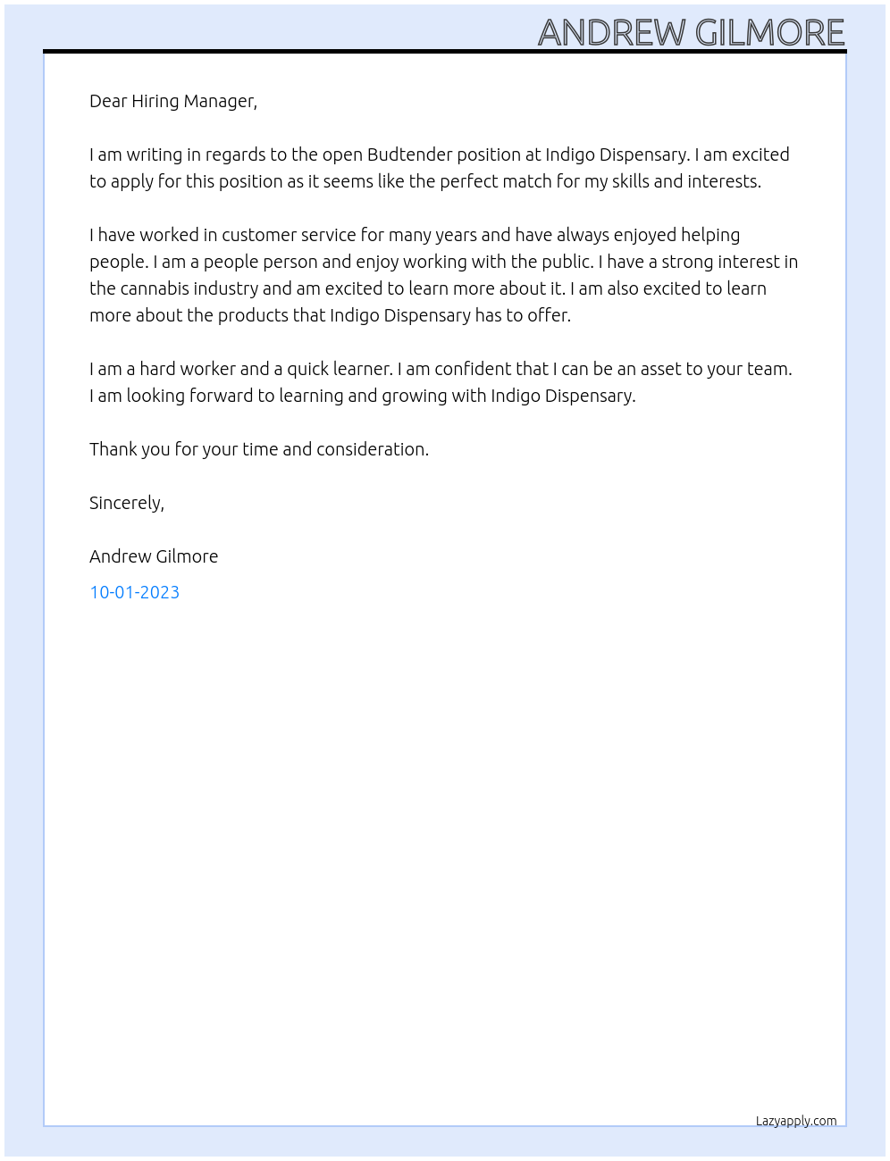 Budtender At Indigo Dispensary Cover Letter