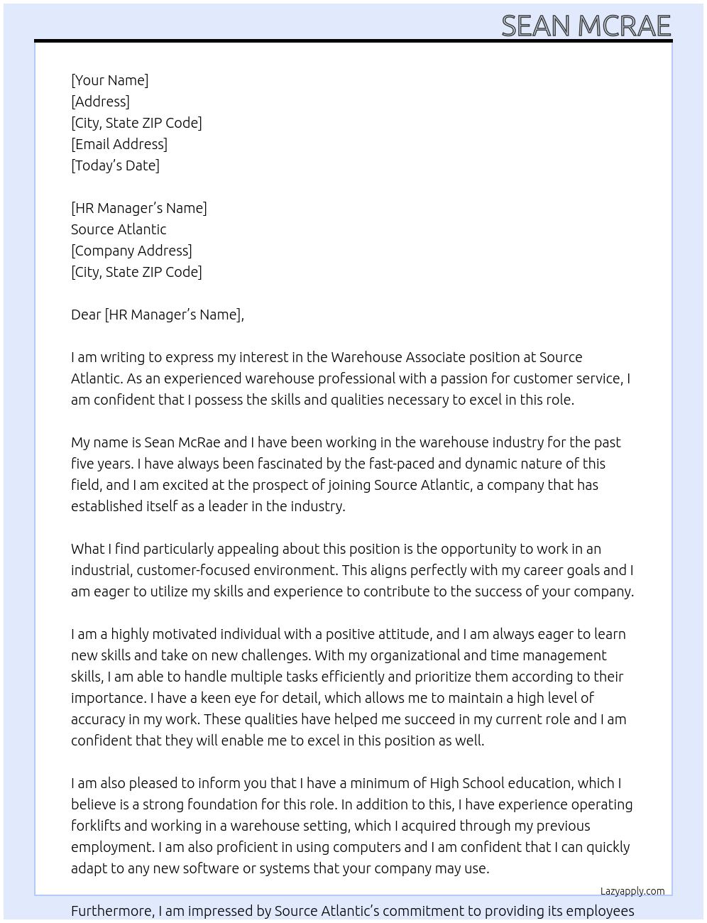 Warehouse Associate At Source Atlantic Cover Letter