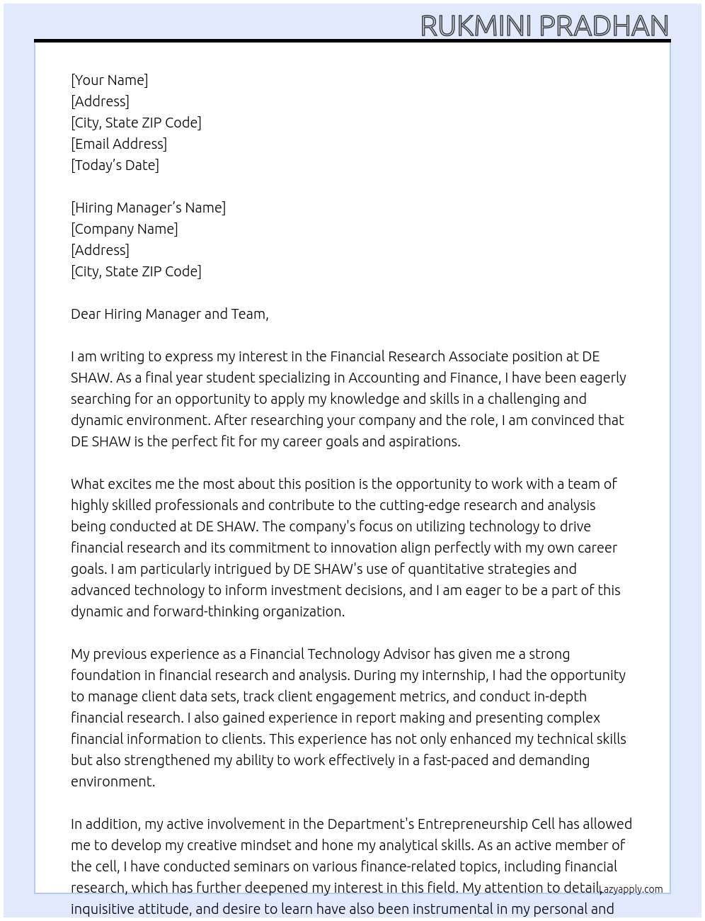 FINANCIAL RESEARCH ASSOCIATE At DE SHAW Cover Letter