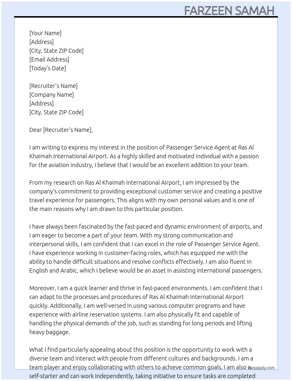 PASSENGER SERVICE AGENT At RAS AL KHAIMAH INTERNATIONAL AIRPORT Cover Letter