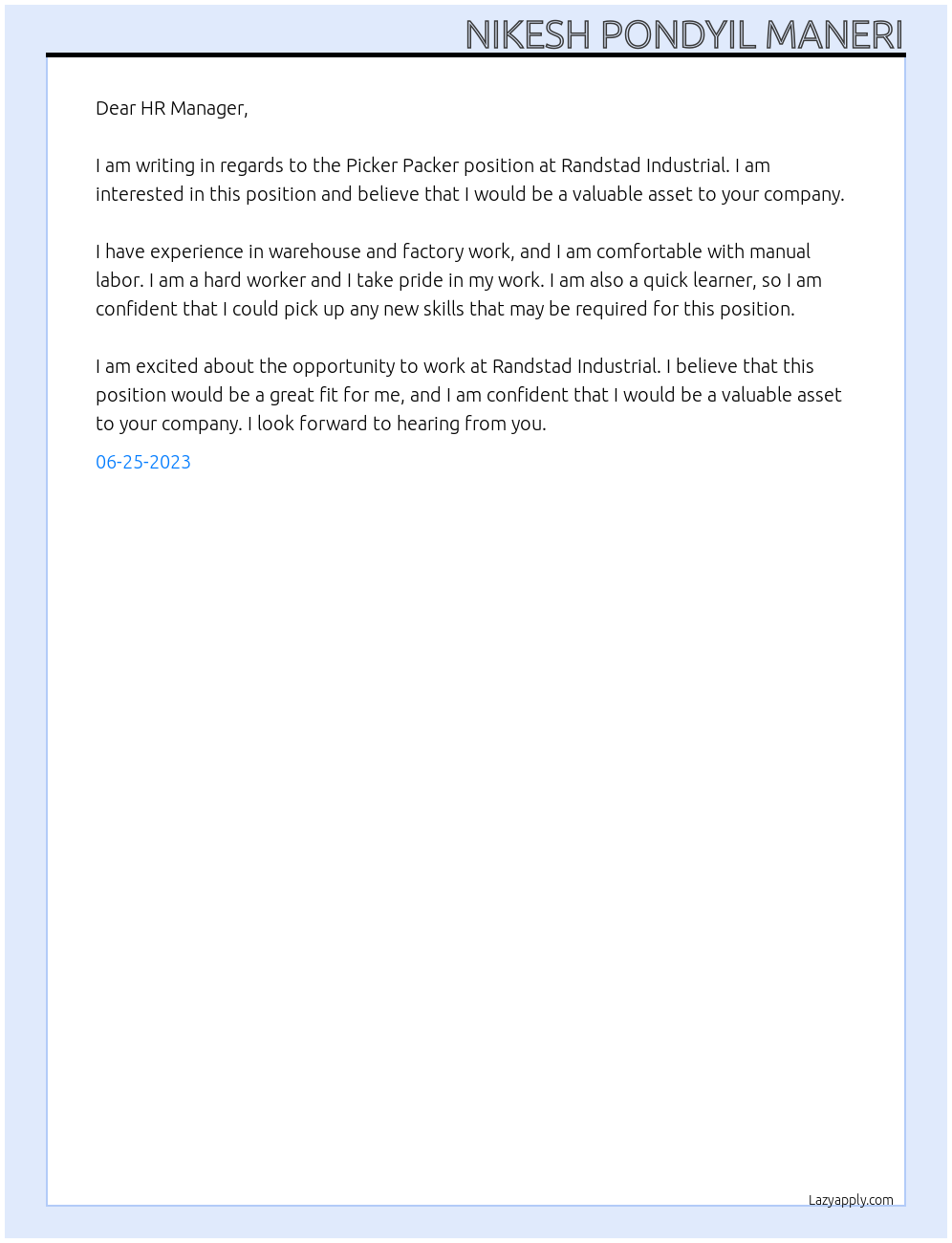 Picker Packer At Randstad Industrial Cover Letter