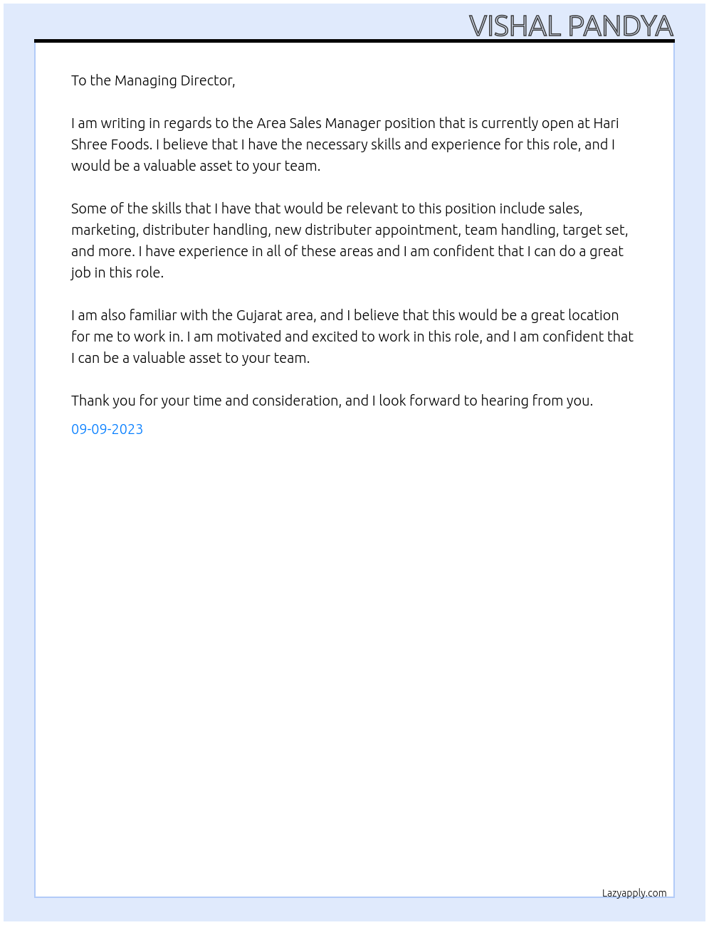 Area sales Manager At Hari Shree Fodds Cover Letter