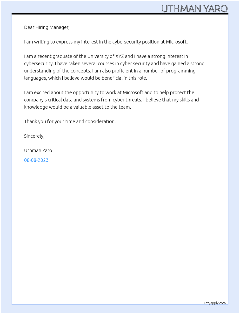 cybersecurity At Microsoft Cover Letter