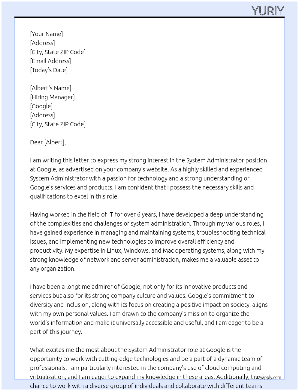 System Administrator At Google Cover Letter