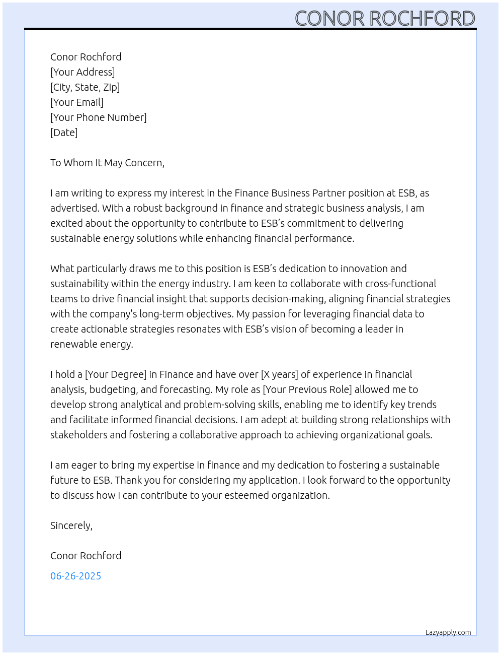 Finance Business Partner At ESB Cover Letter