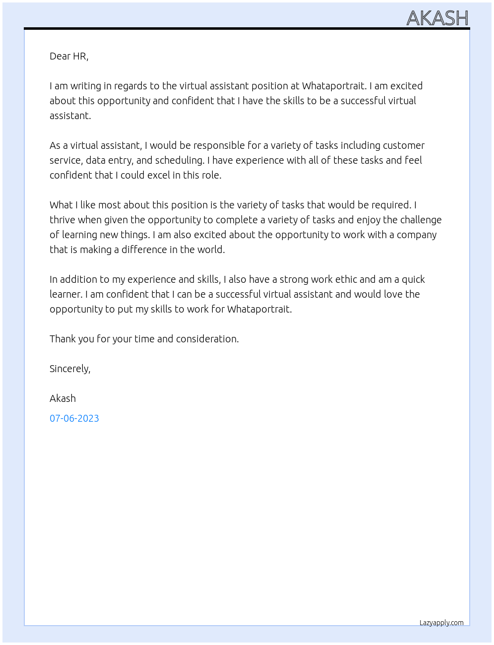 Virtual assistance At Whataportrait Cover Letter