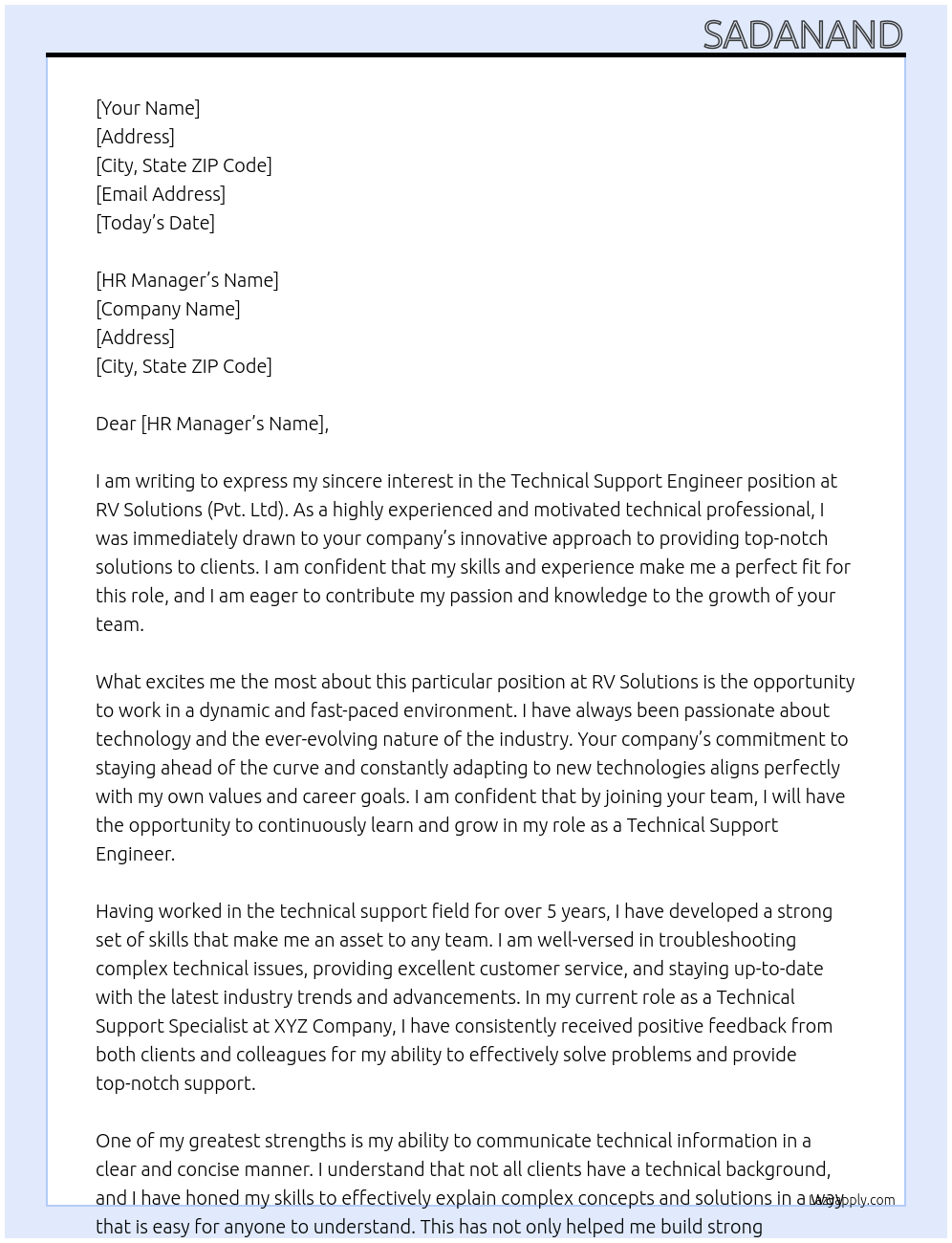 technical support engineer At Rv solutions (Pvt.Ltd) Cover Letter