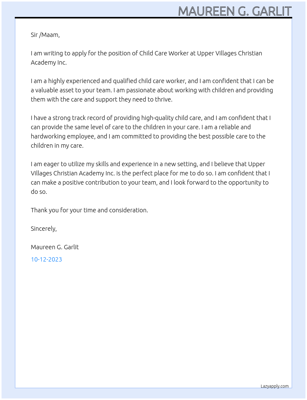 Child care worker At Upper Villages Christian Academy Inc. Cover Letter