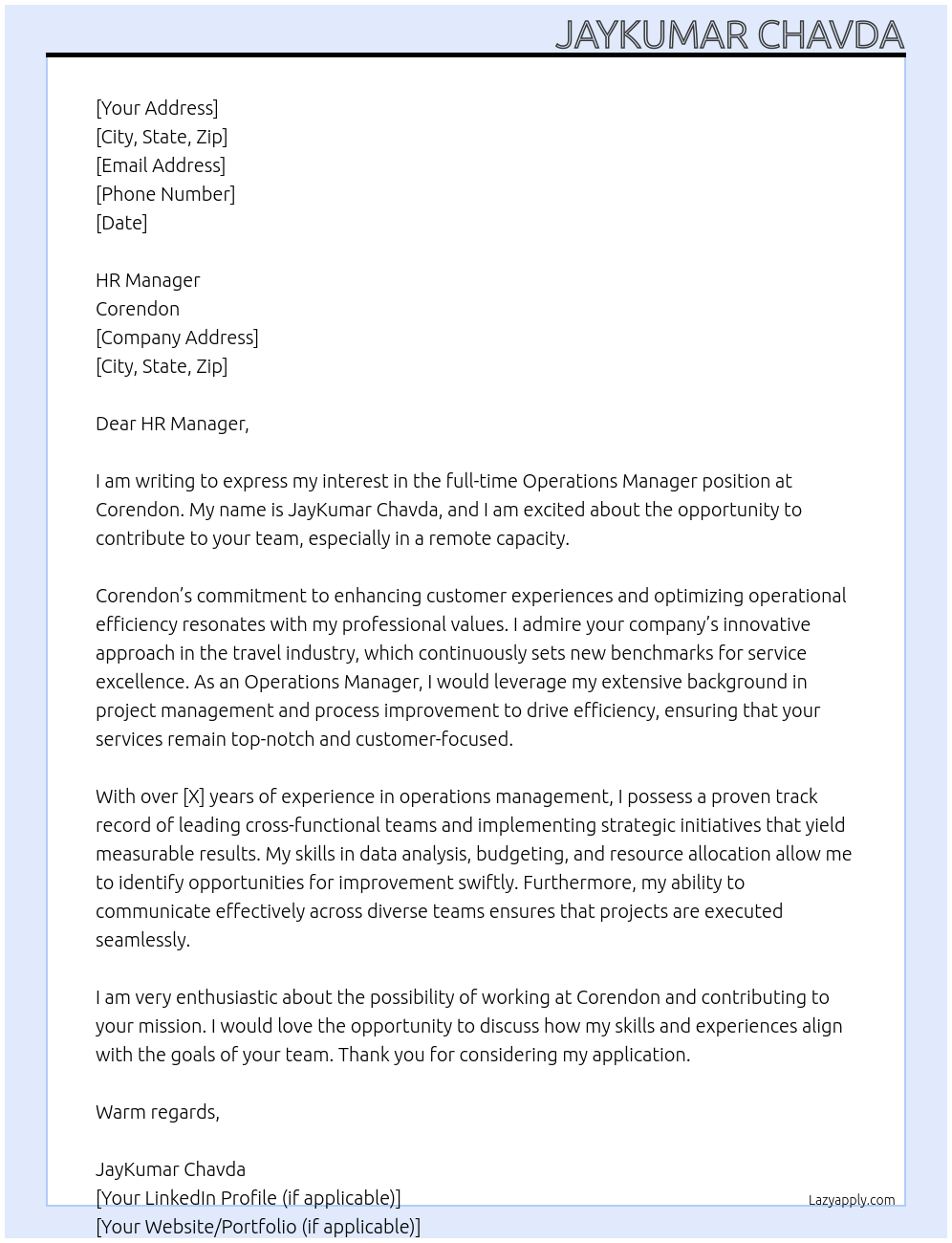 Operation manager At Corendon Cover Letter