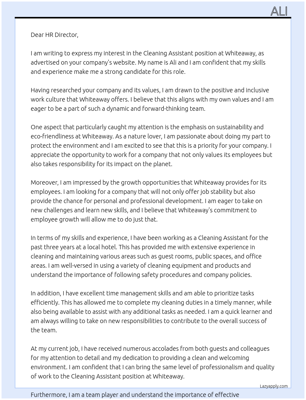 cleaning assistant At whiteaway Cover Letter