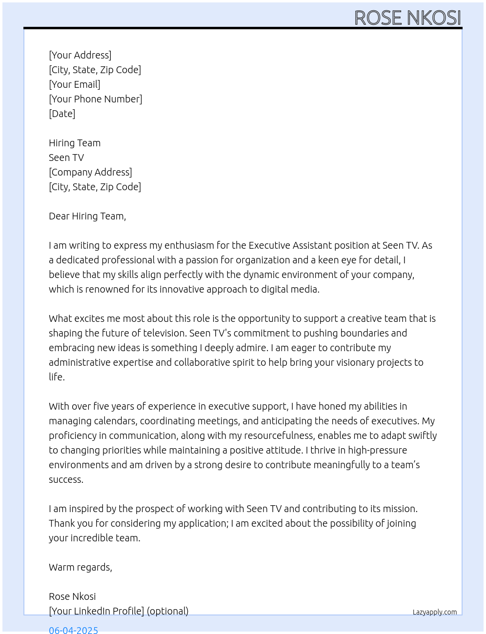 executive assistant At Seen TV Cover Letter