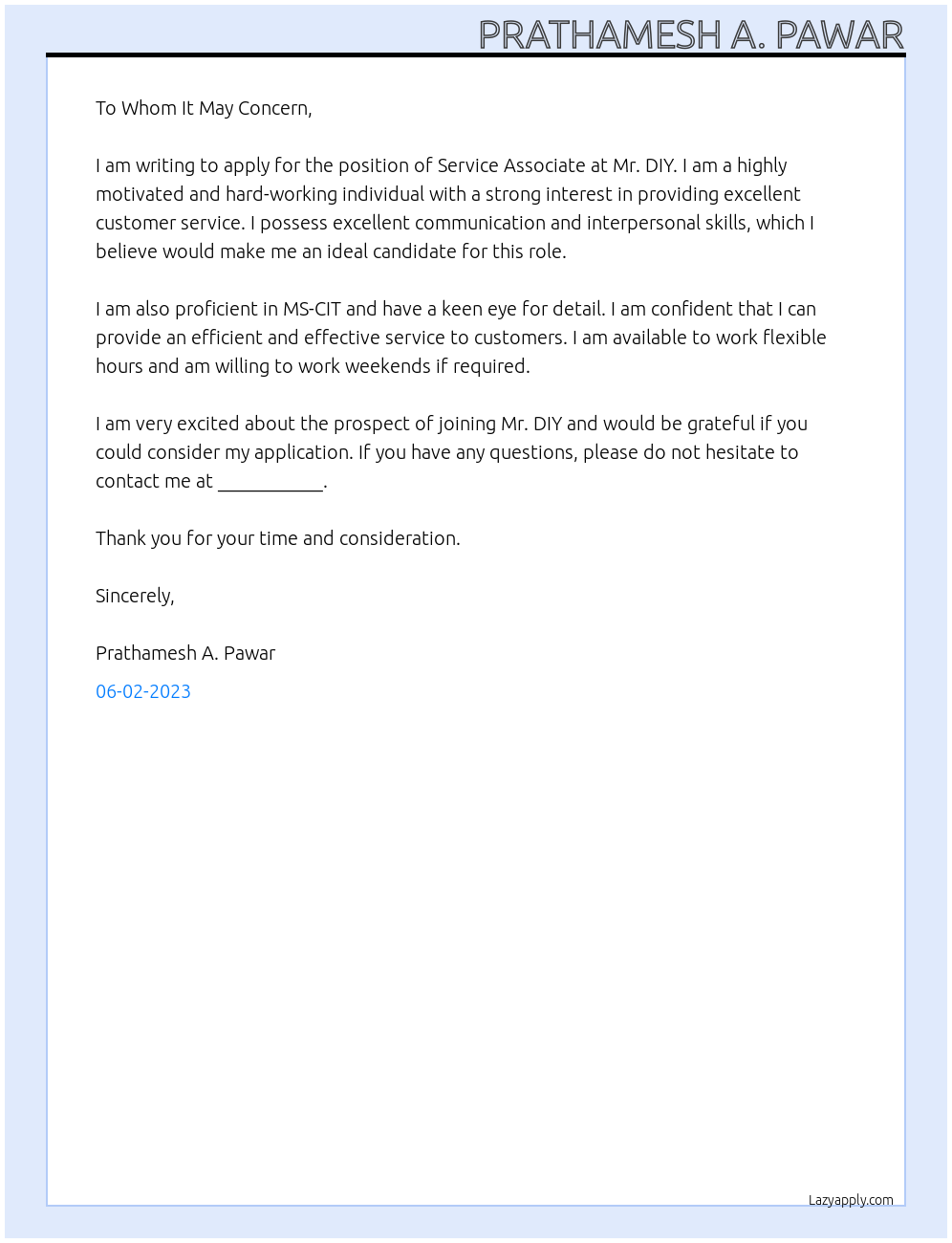 Service Associate At Mr. DIY Cover Letter