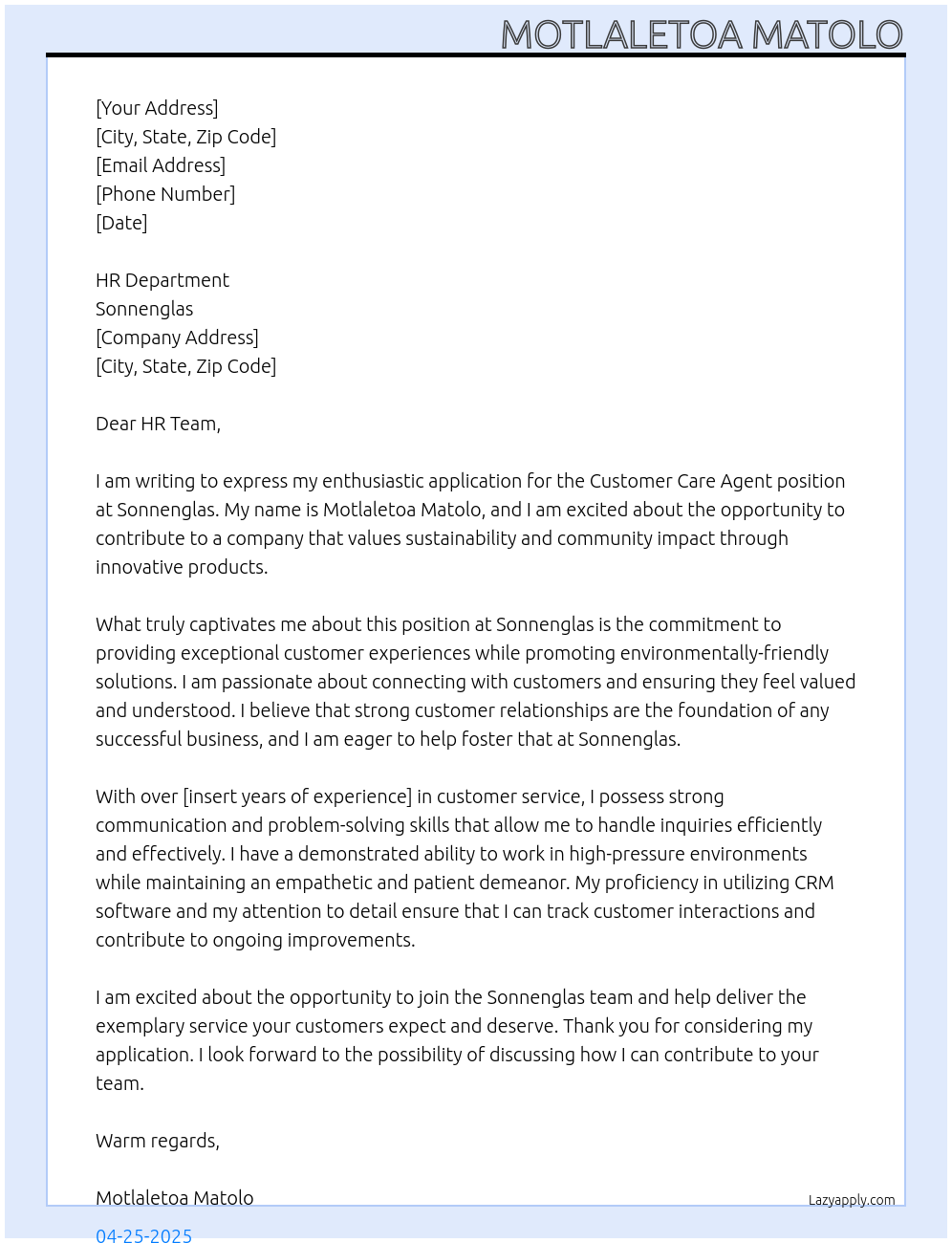 Customer Care Agent At Sonnenglas Cover Letter