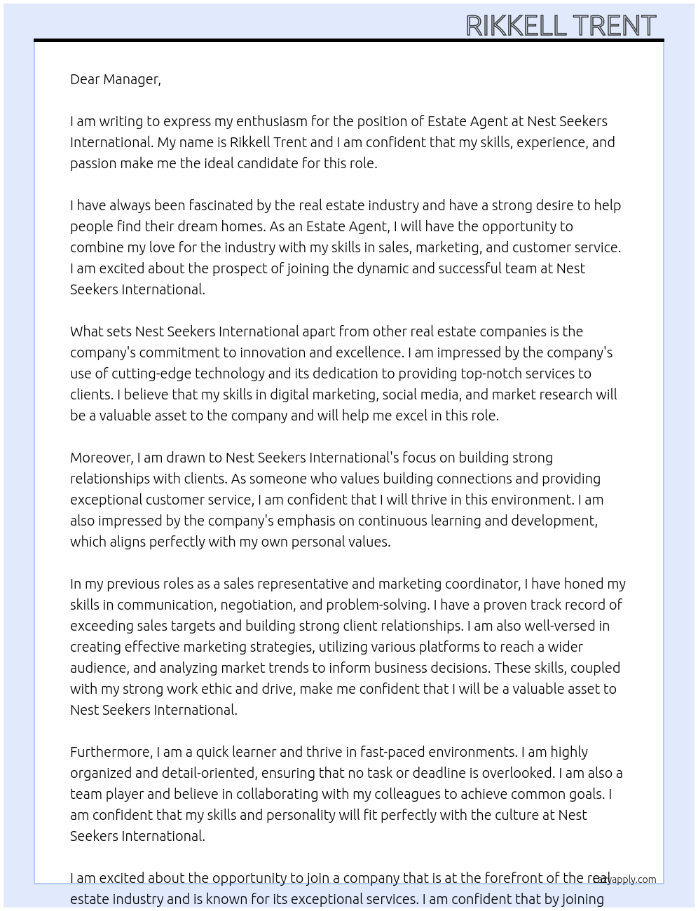 Estate agent  At Nest seekers international  Cover Letter