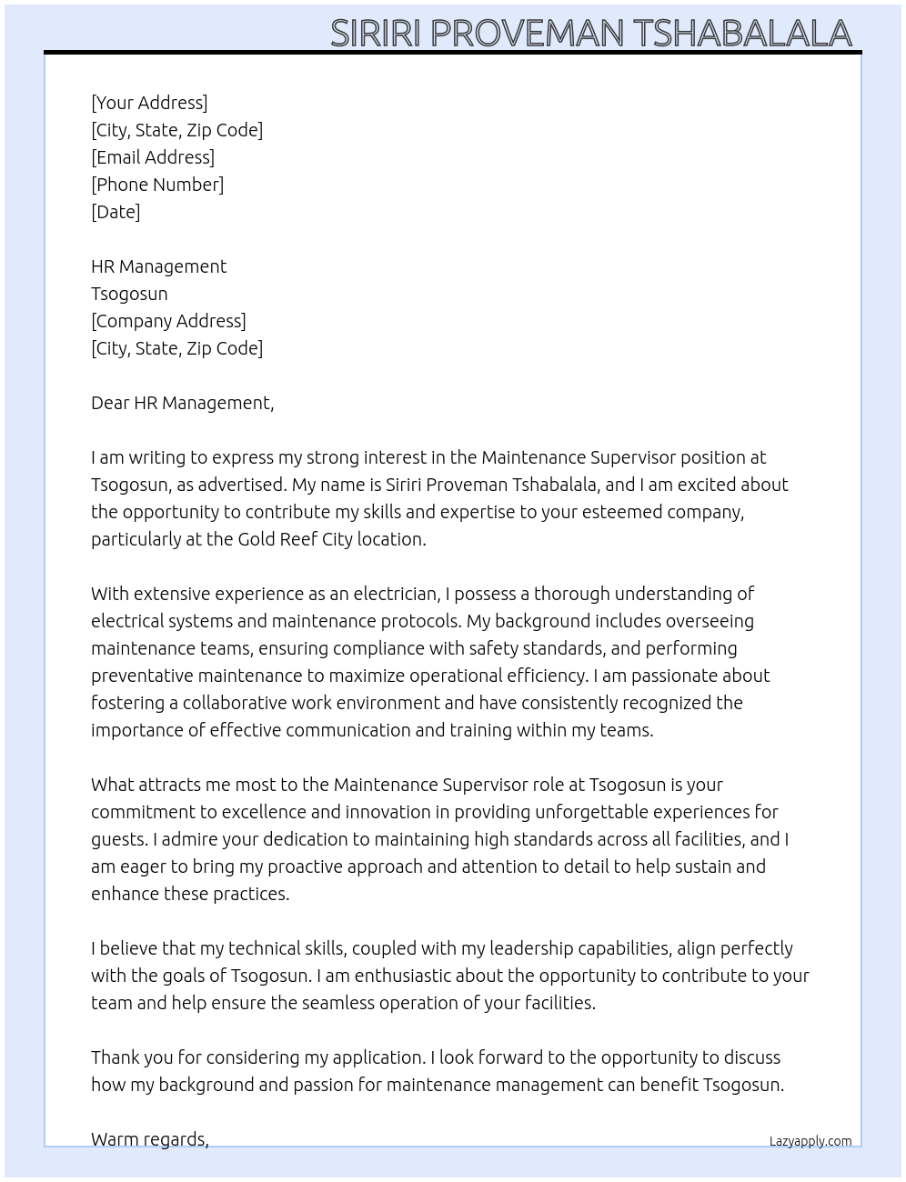 Cover letter for maintenance supervisor - LazyApply
