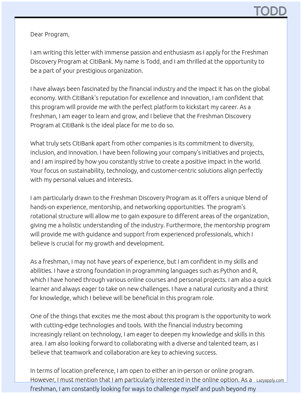 Freshman Discovery Program At CitiBank Cover Letter