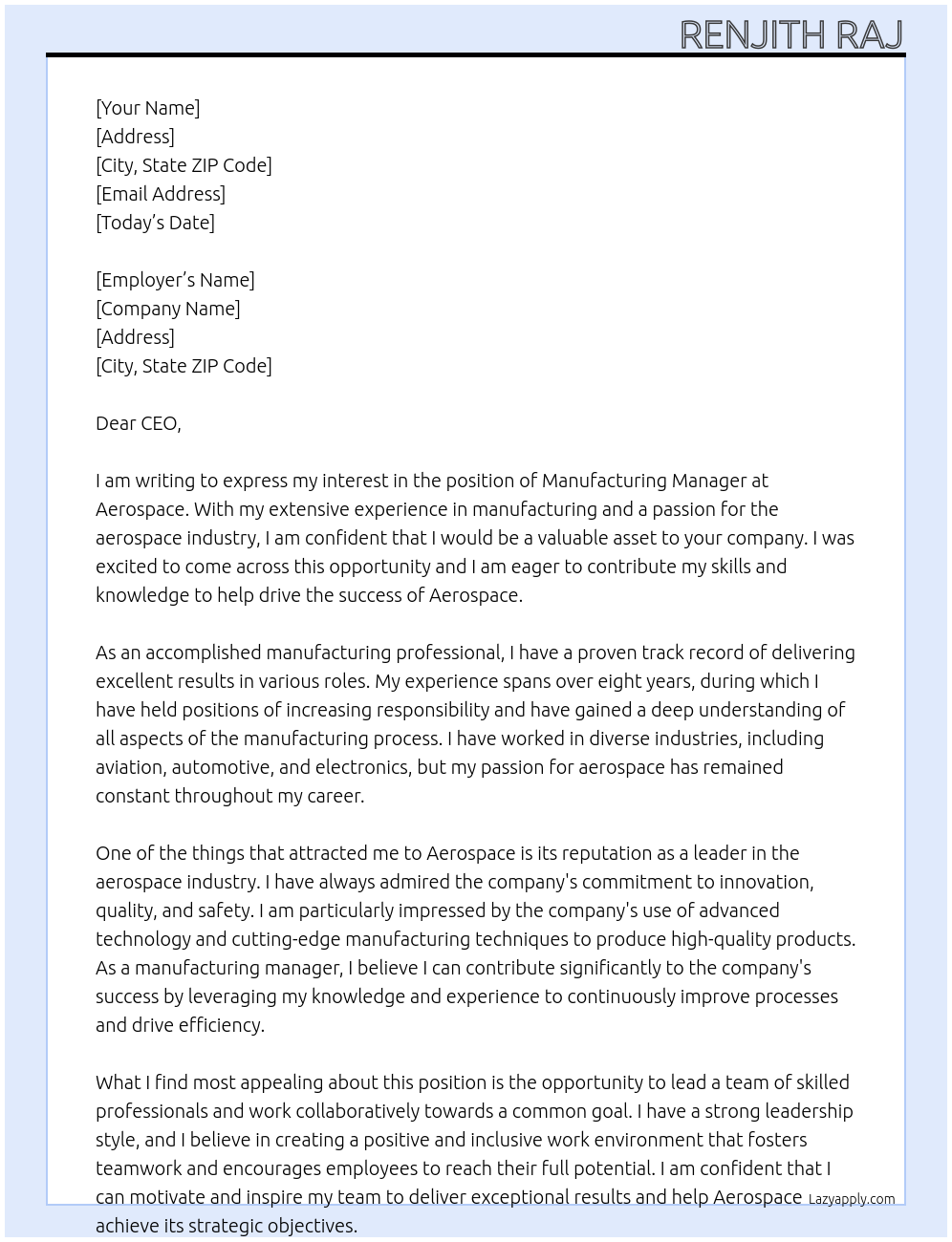 Manufacturing manager  At Aerospace  Cover Letter