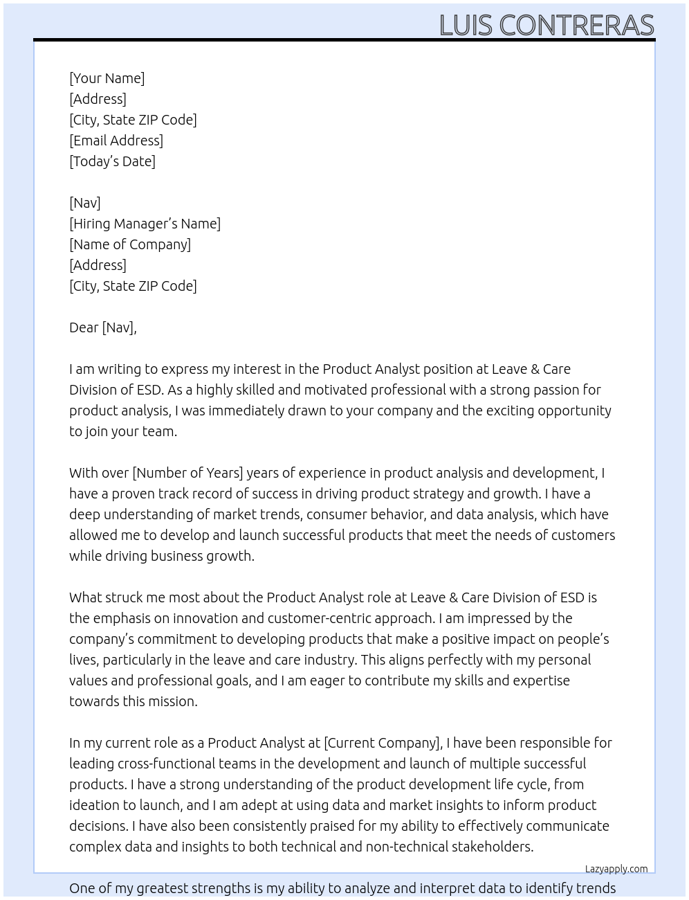 Product Analyst At Leave & Care Division of ESD Cover Letter