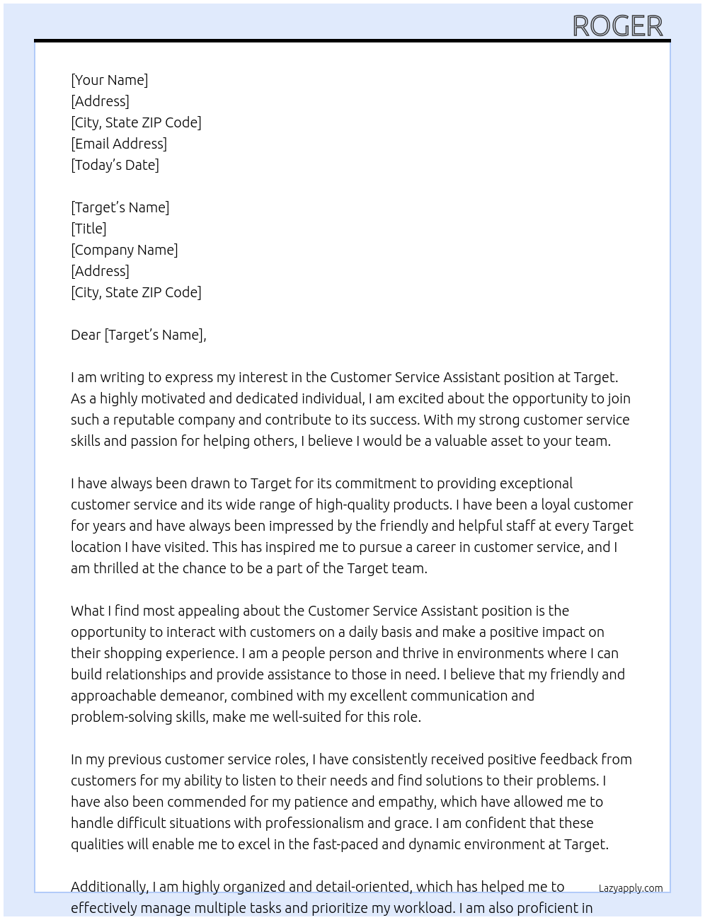 Customer Service Assistant At Target Cover Letter