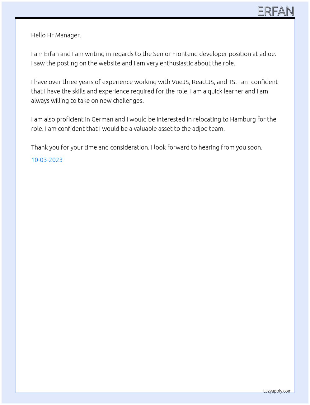 Senior Frontend developer At adjoe Cover Letter
