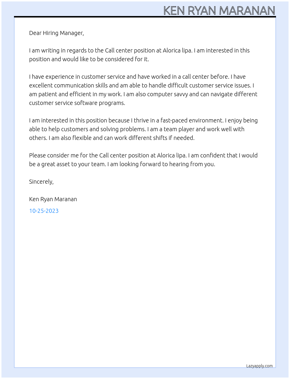 Call center At Alorica lipa Cover Letter