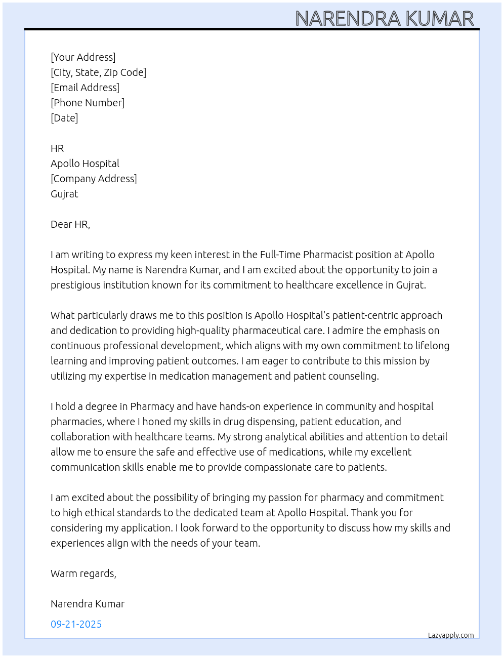 Pharmacist At Apollo hospital Cover Letter