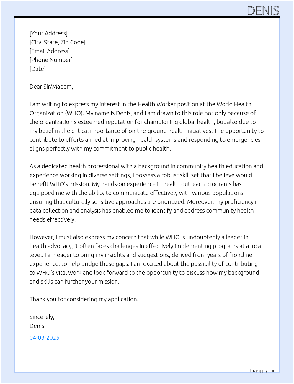 HEALTH WORKER At WHO Cover Letter