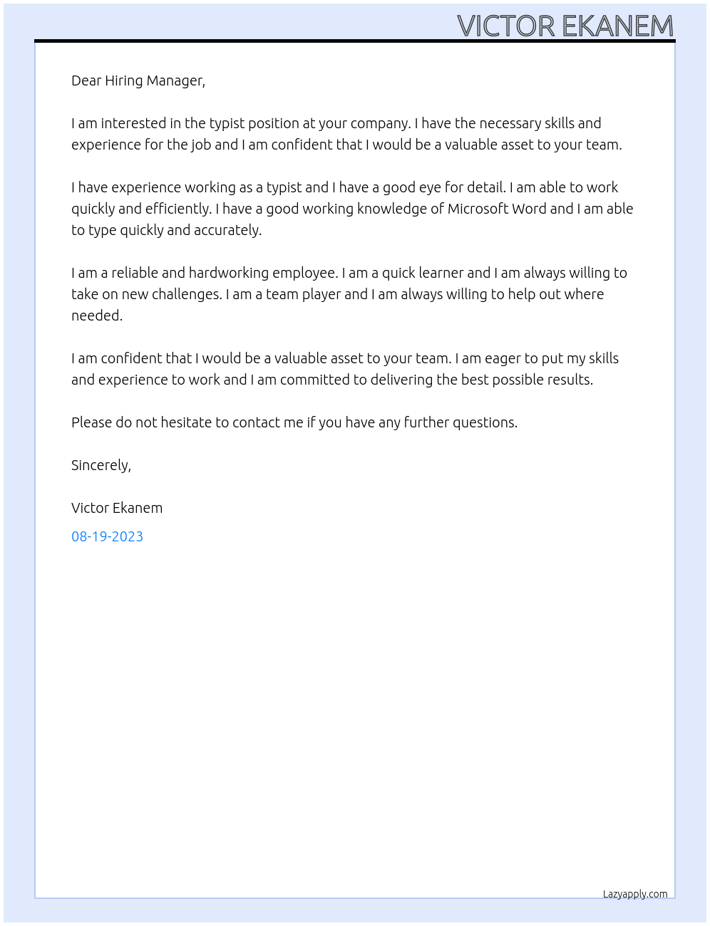 Typist At . Cover Letter