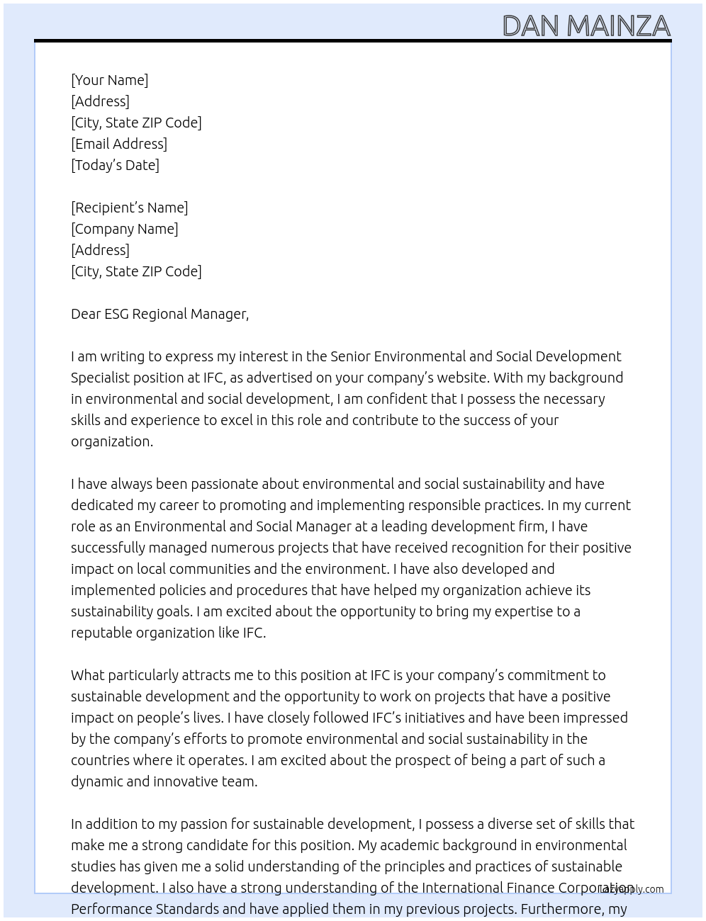 Senior Environmental and Social Development Specialist At IFC Cover Letter