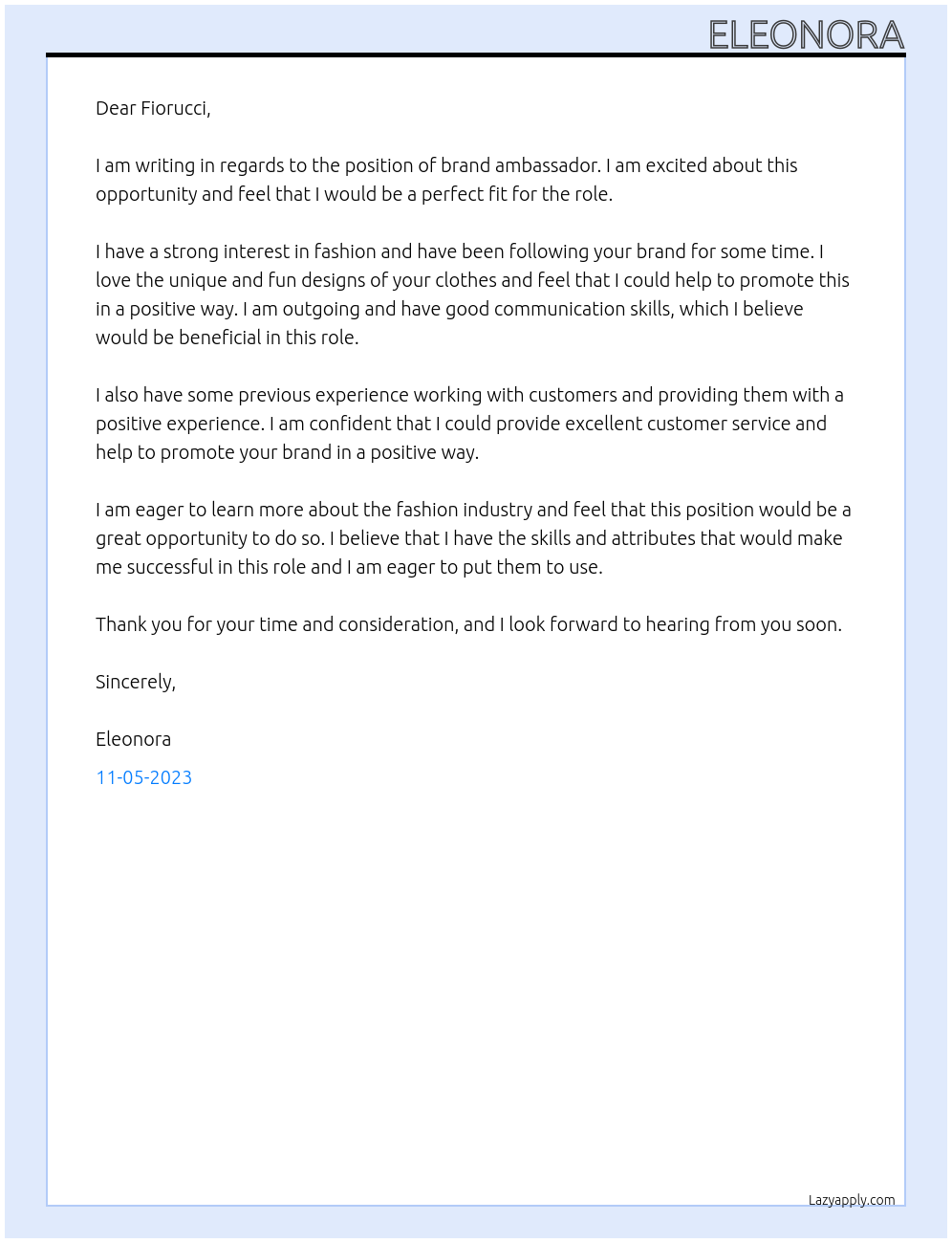 Brand ambassador  At Fiorucci Cover Letter