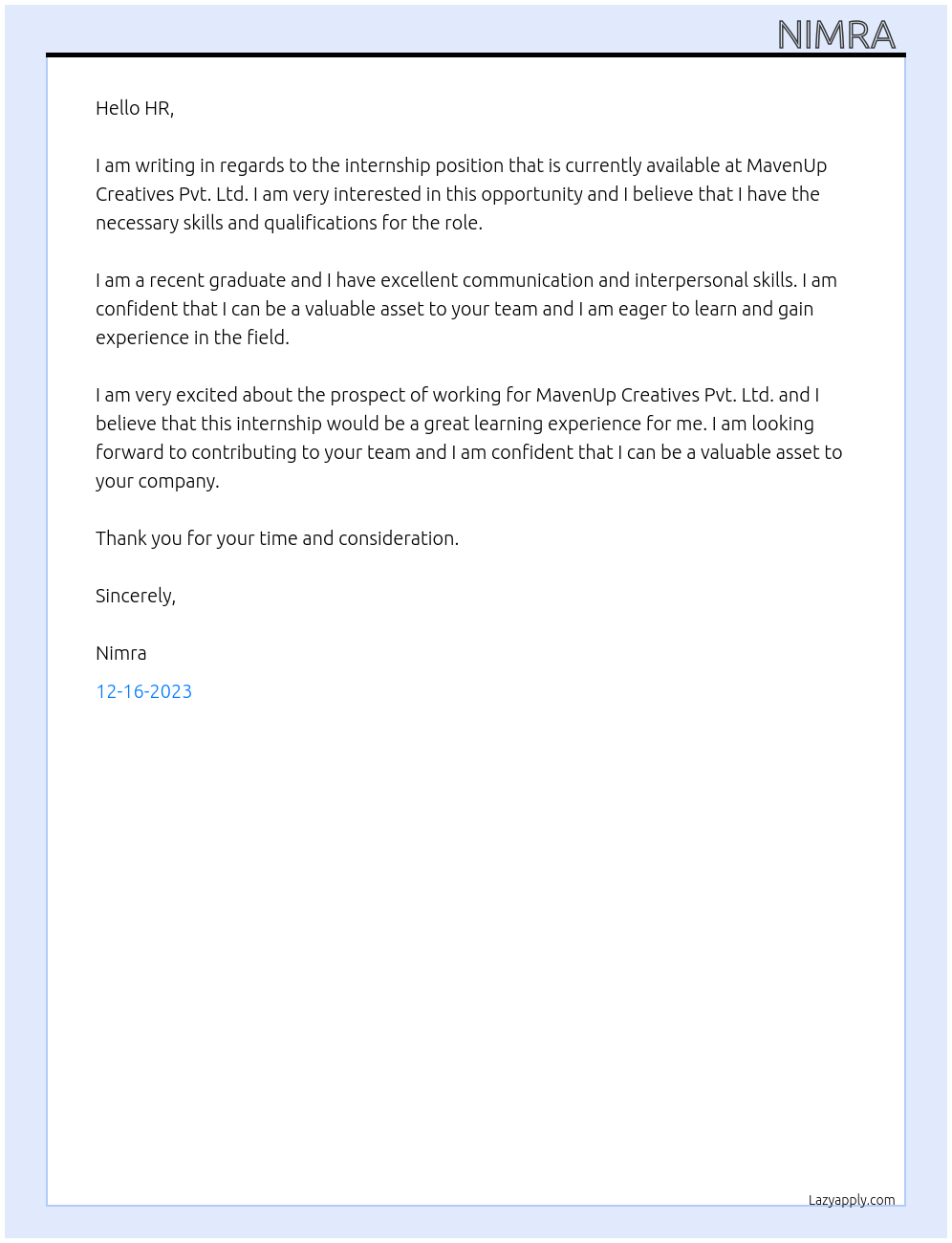 Fresh graduate At MavenUp Creatives Pvt. Ltd. Cover Letter