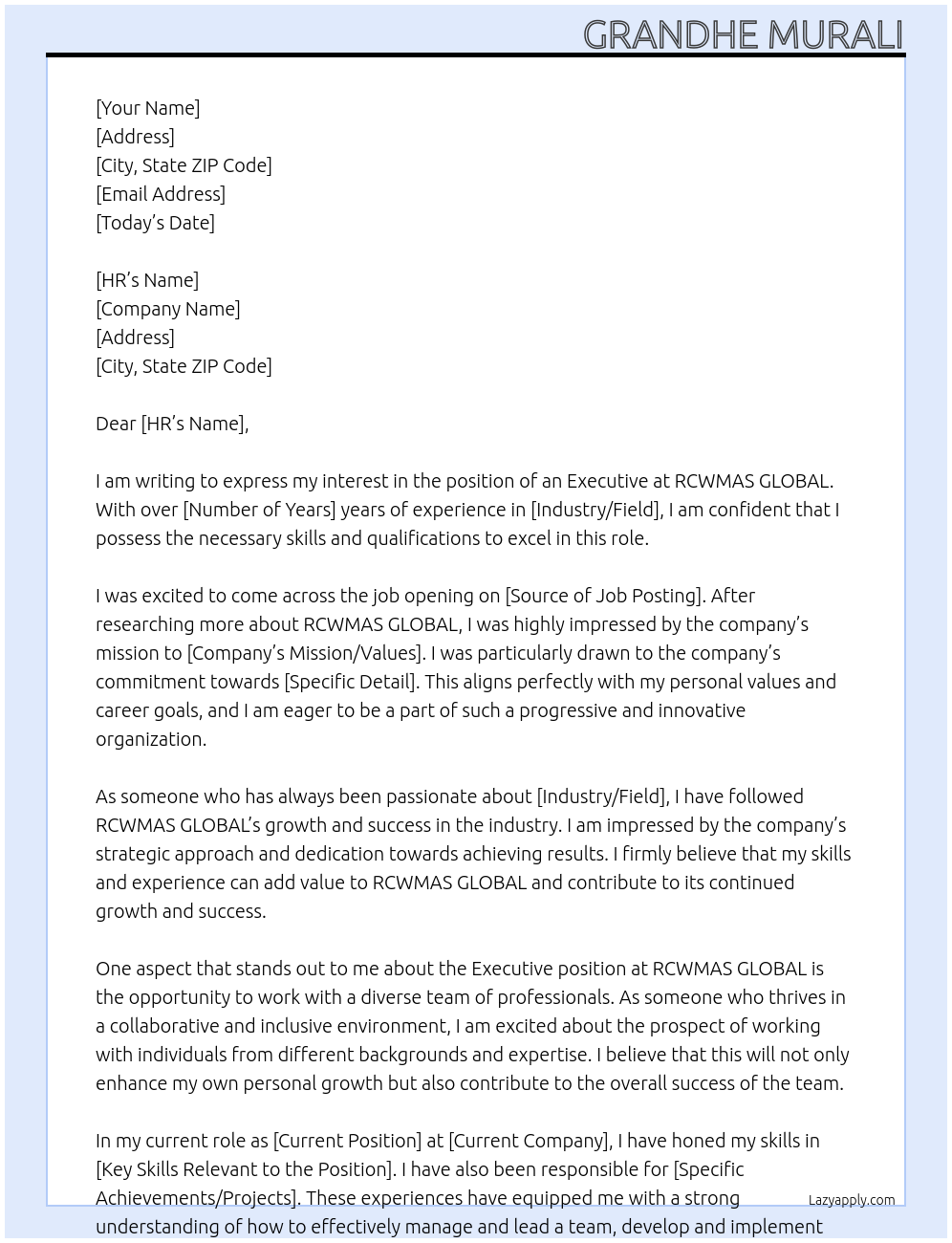 Executive At RCWMAS GLOBAL Cover Letter